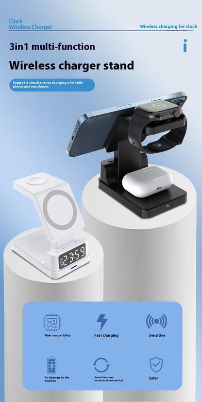 Magnetic Three-in-one 15W Wireless Charger With Clock